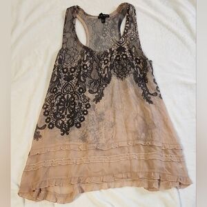 FANG Women's Lace Print Overlay Tank Top - Black and Tan, Size Large
